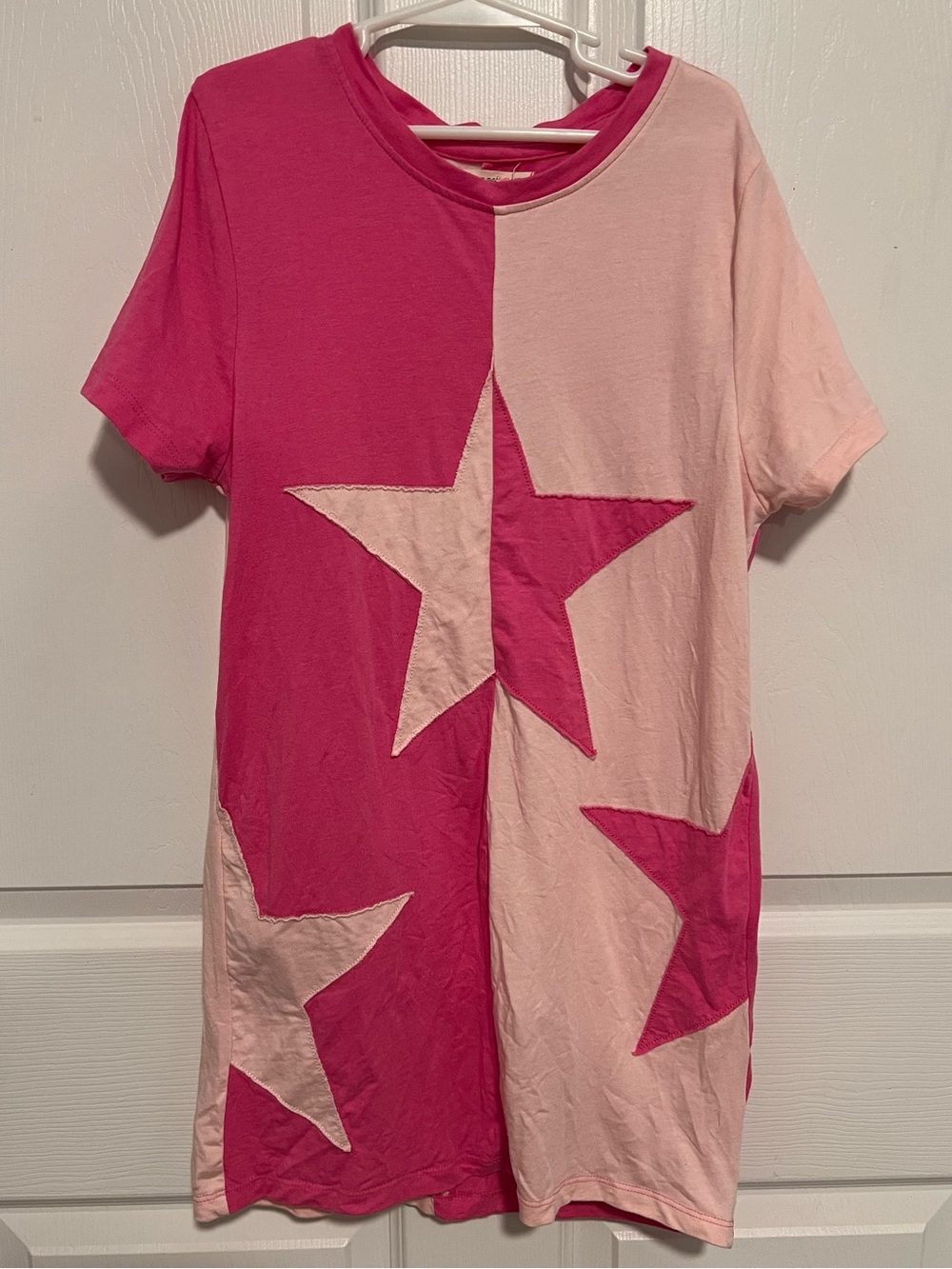 Paper Flower Tween Color Block Pink Star Appliqué T-Shirt Dress